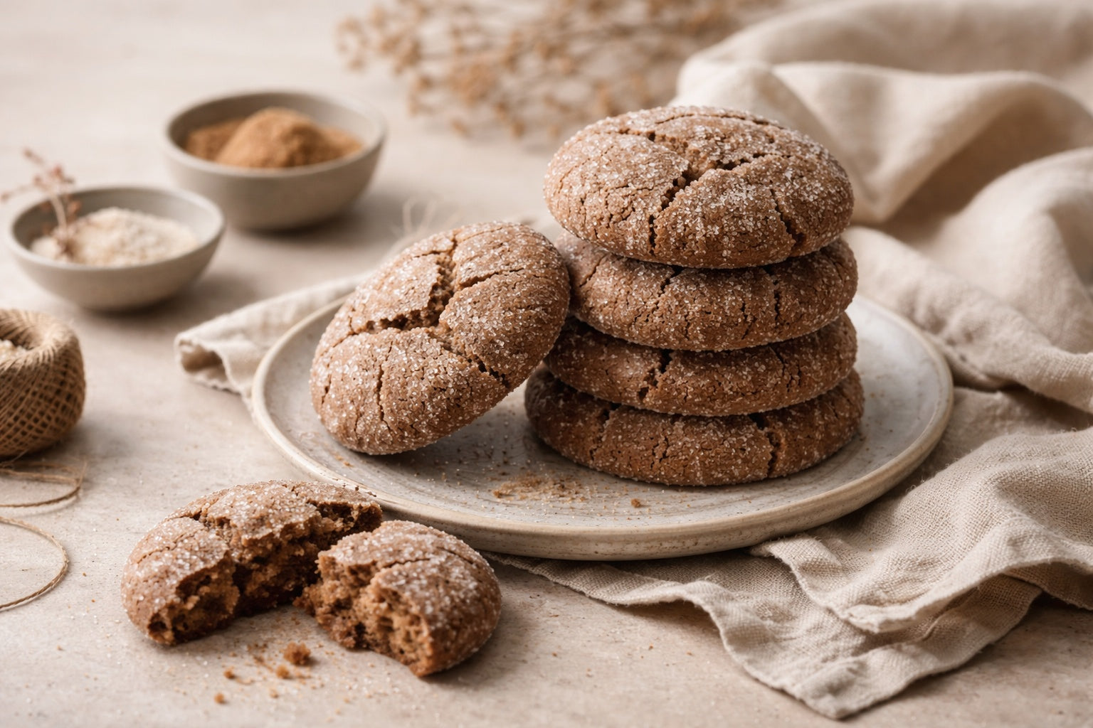 Handmade cookies Brisbane – small batch ginger cookies with sugar crust on linen, Dello Mano