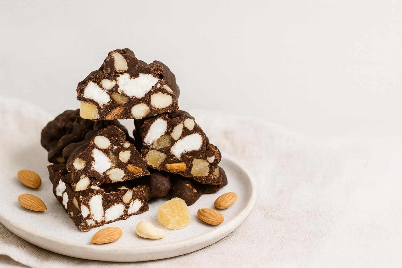 Handmade Ginger Road stacked on a ceramic plate with chunks of marshmallow, glace ginger, and whole almonds, set on a natural linen cloth in bright cool white light