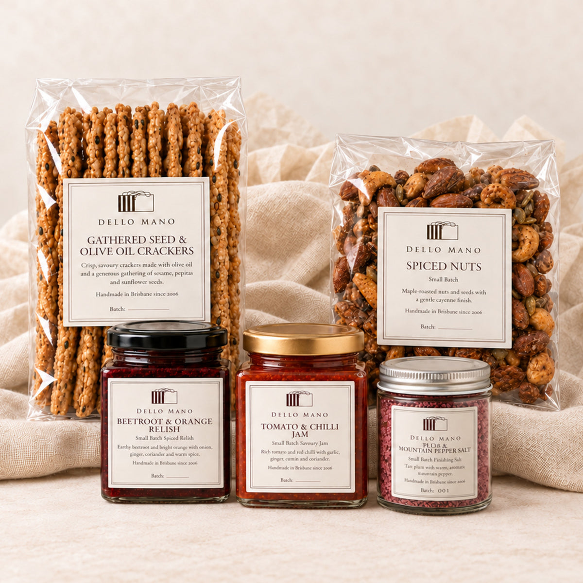 Dello Mano Just Add the Cheese Savoury Hamper with seed crackers, spiced nuts, beetroot relish, tomato chilli jam and plum mountain pepper salt.
