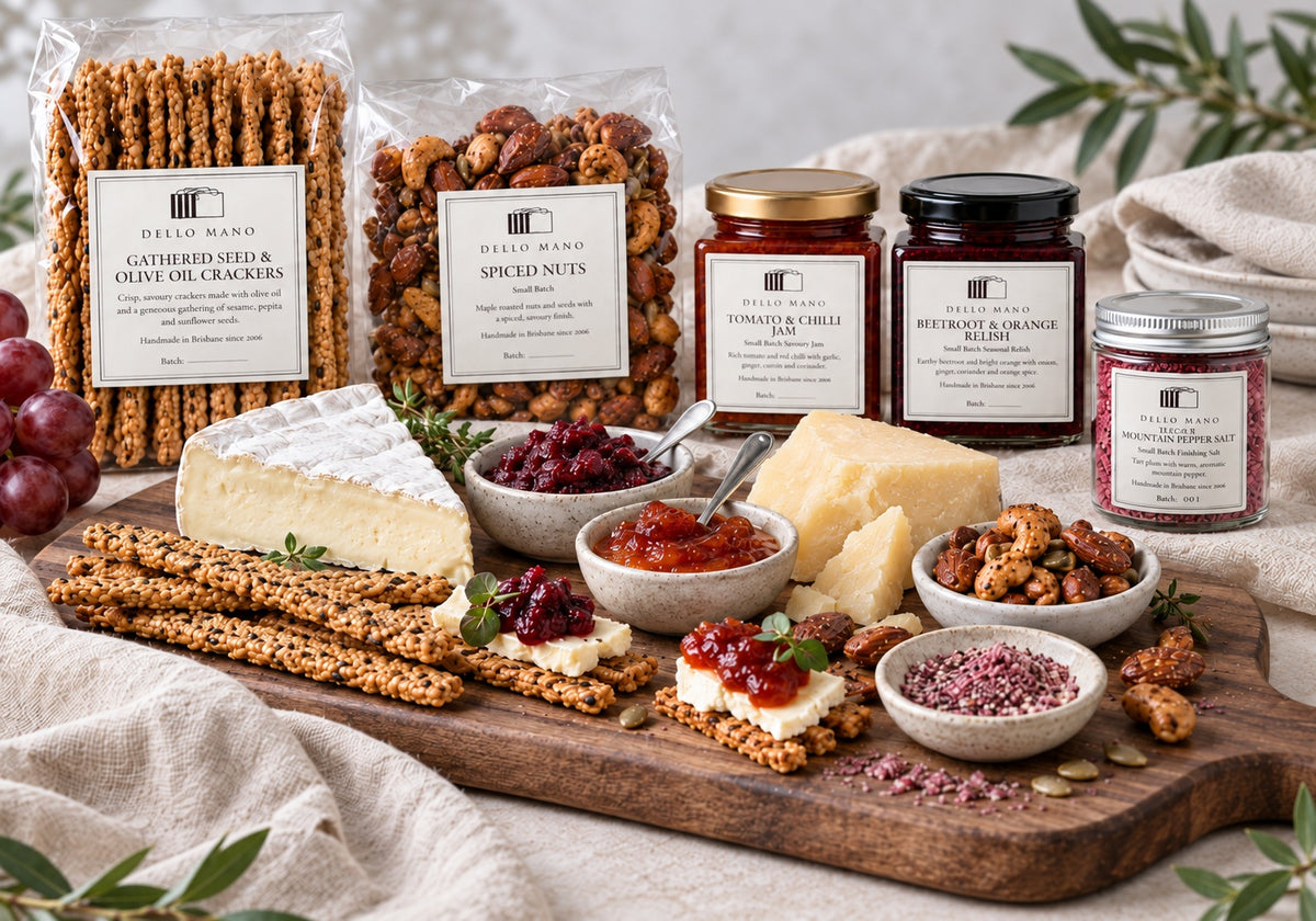 Dello Mano Just Add the Cheese Savoury Hamper served as a cheese board with crackers, relishes, spiced nuts, finishing salt and cheese.