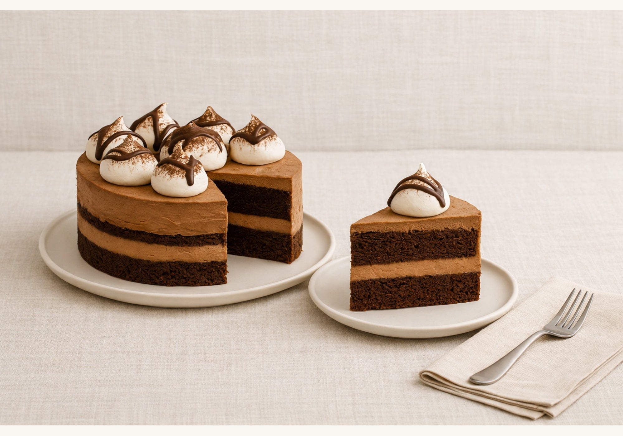 Handmade Belgian chocolate mud cake with layered fudgy crumb on linen background – Brisbane delivery