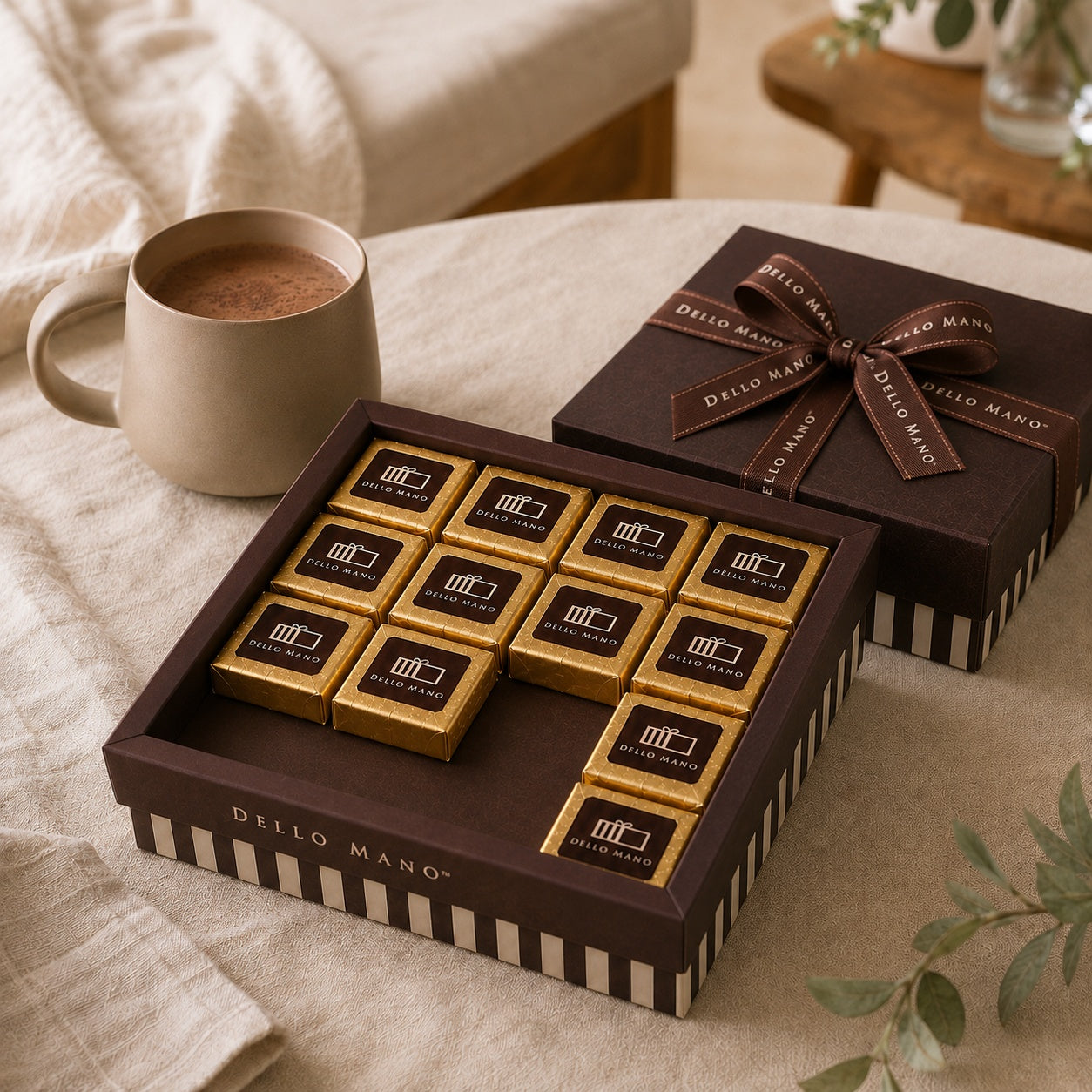 Open Dello Mano brownie gift box with individually wrapped brownies and a hot chocolate mug in a relaxed home setting.