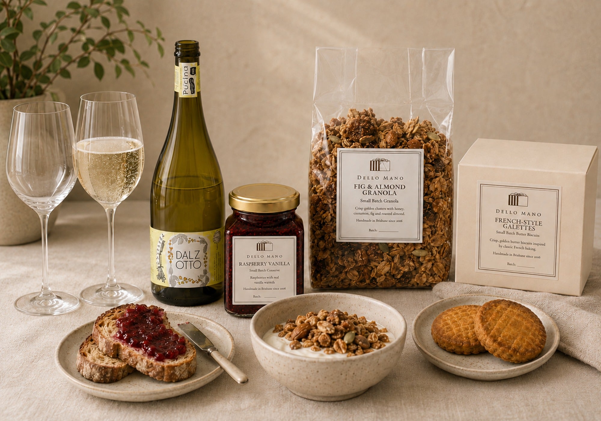 Dello Mano Prosecco Brunch Gift served at a relaxed celebratory brunch for two
