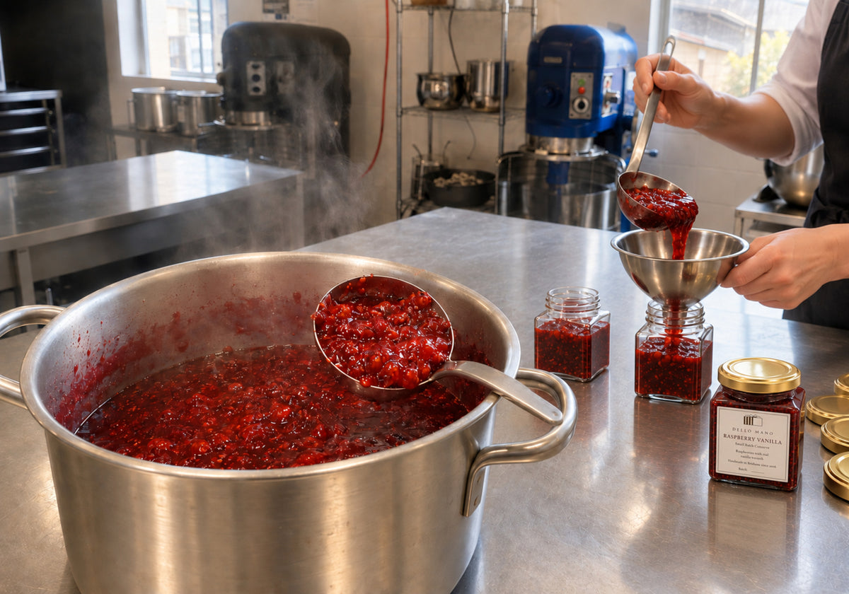 Raspberry Vanilla conserve being filled into jars by hand in the Dello Mano Brisbane kitchen