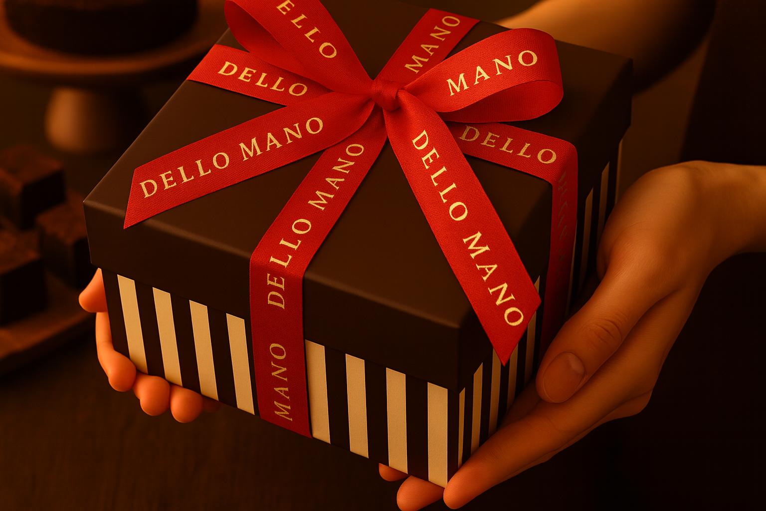 A person presenting a Dello Mano Christmas gift box wrapped in a rich red ribbon . The box features the signature chocolate brown lid and cream-striped base