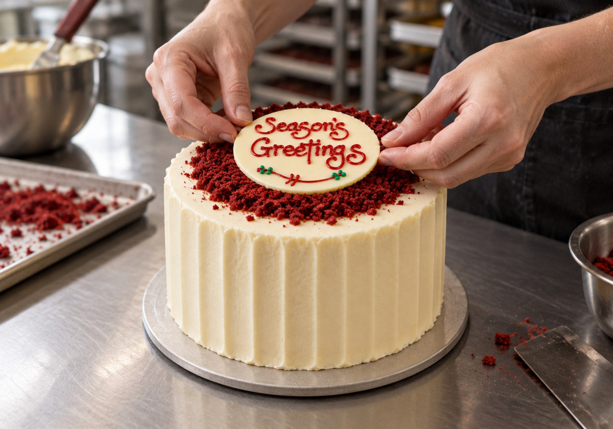 Placing a handmade Season’s Greetings plaque on a Red Velvet Christmas cake in the Dello Mano West End kitchen.