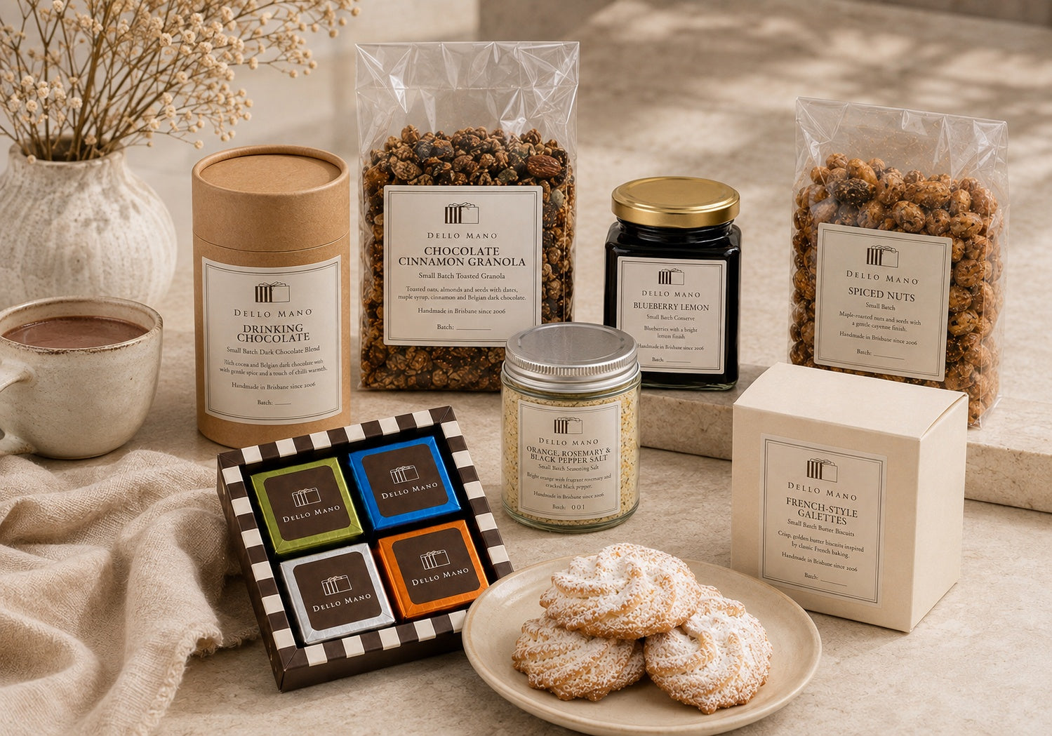 Dello Mano breakfast and pantry collection featuring granola, drinking chocolate, preserves, biscuits and sparkling wine styled together in a calm, light neutral setting.