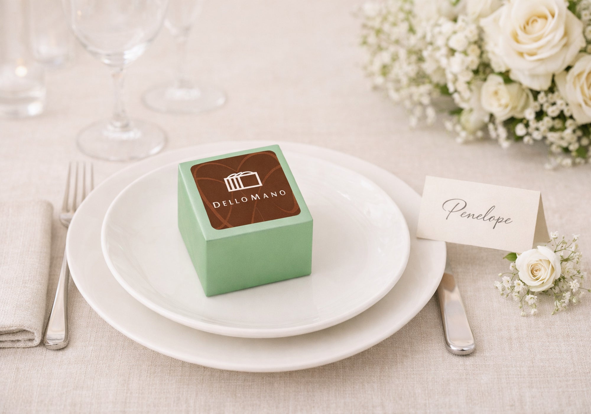Handmade wedding favours presented at a wedding table setting, individual brownie cube with place card
