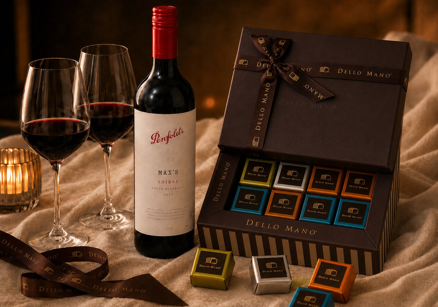 Dello Mano red wine and brownie gift set with two glasses of wine, a deep striped 16-piece brownie gift box, foil-wrapped brownies and branded ribbon in a warm evening setting.