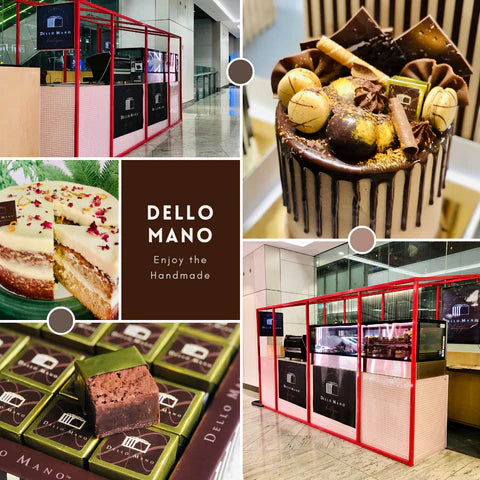 Dello Mano Wintergarden kiosk store in Brisbane CBD offering handmade brownies, cakes, and luxury food gifts.