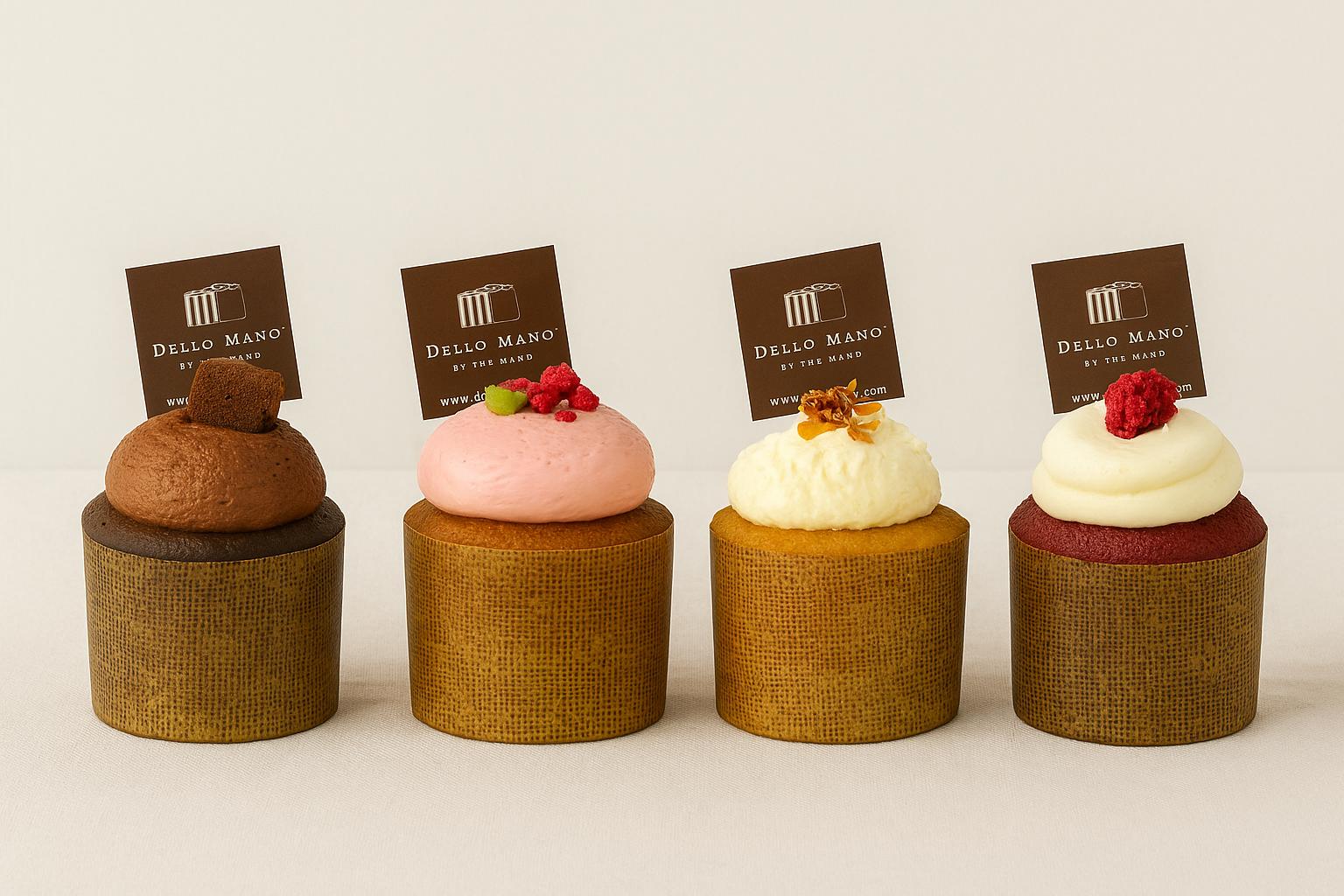 Dello Mano bento cake collection with chocolate, raspberry, orange almond, and red velvet cakes on a linen background.