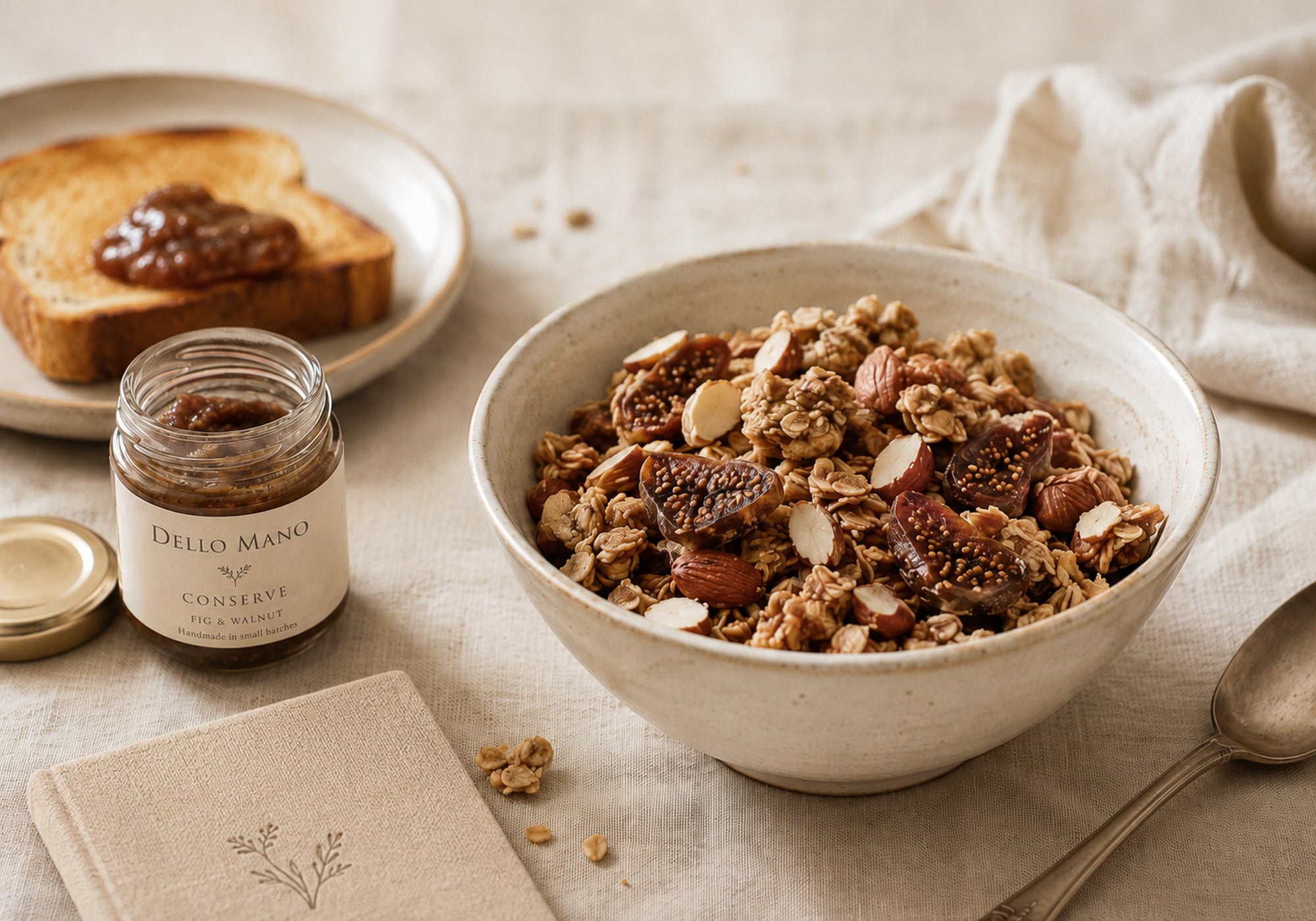 Handmade Dello Mano fig and almond granola in a ceramic bowl with Dello Mano conserve, toast and a neutral journal on soft linen in morning light.
