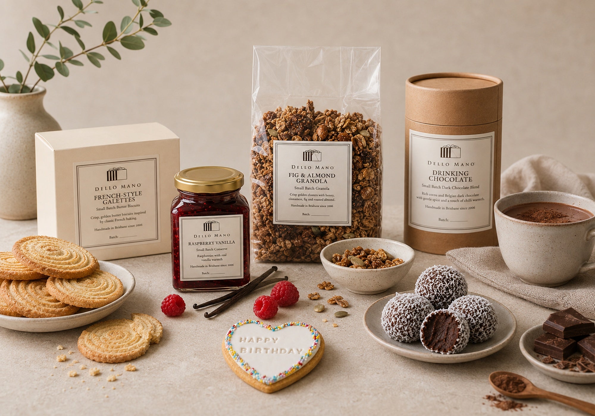 Dello Mano Little Luxuries collection with French-style biscuits, raspberry vanilla conserve, fig and almond granola, drinking chocolate and handmade rum balls.