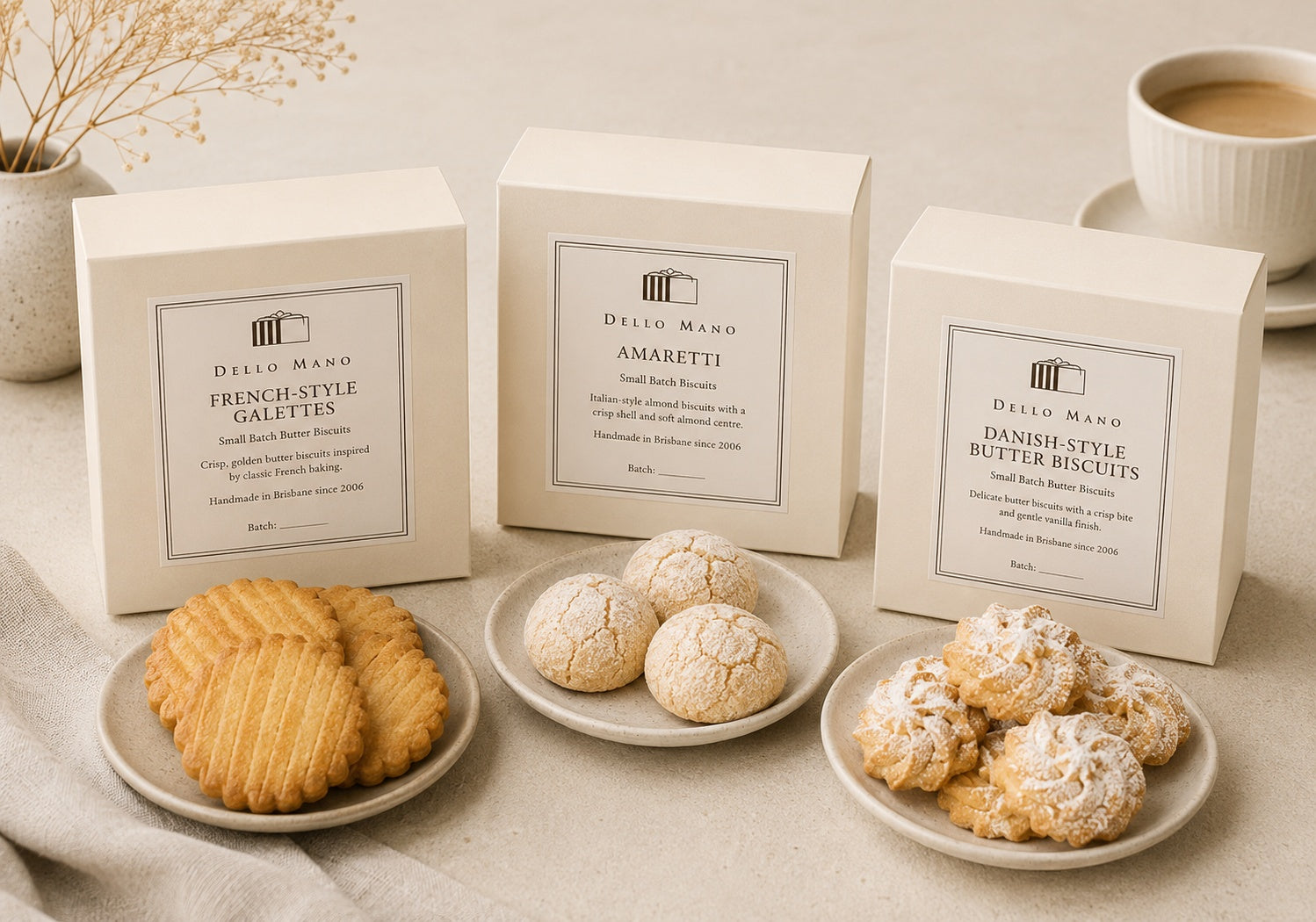 European Biscuit Collection by Dello Mano with handmade French-style galettes, Italian amaretti and Danish-style butter biscuits for gifting.