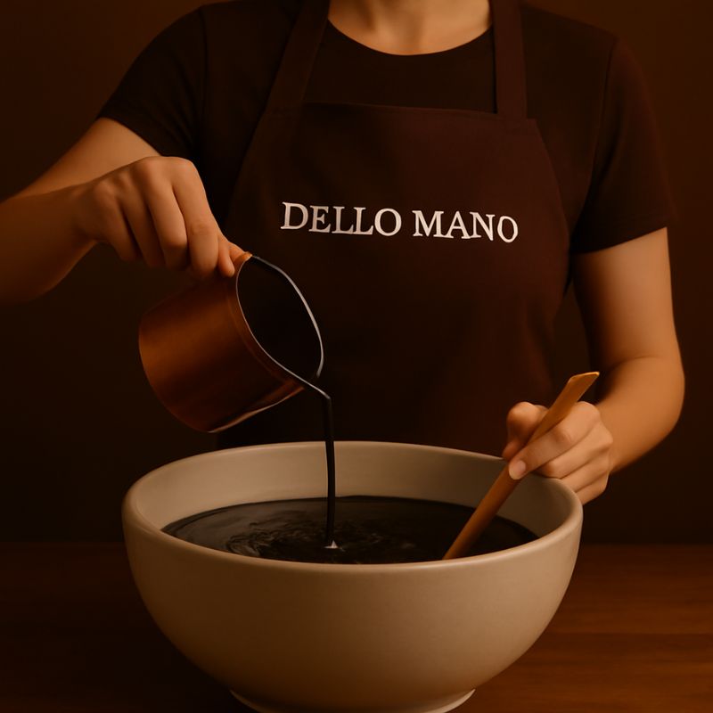 A female pouring a chocolate into a cream ceramic bowl with a 'Dello Mano' apron on, in a warm-toned setting.