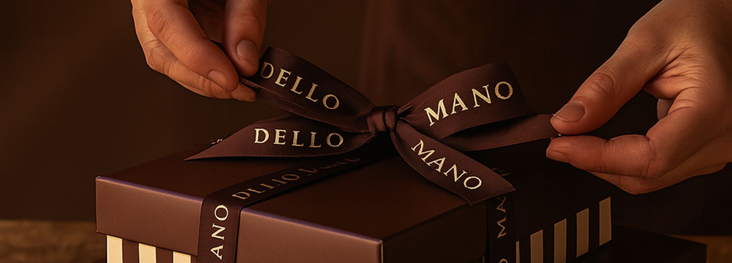 Chocolate brownie box with 'Dello Mano' branding being tied with a ribbon.