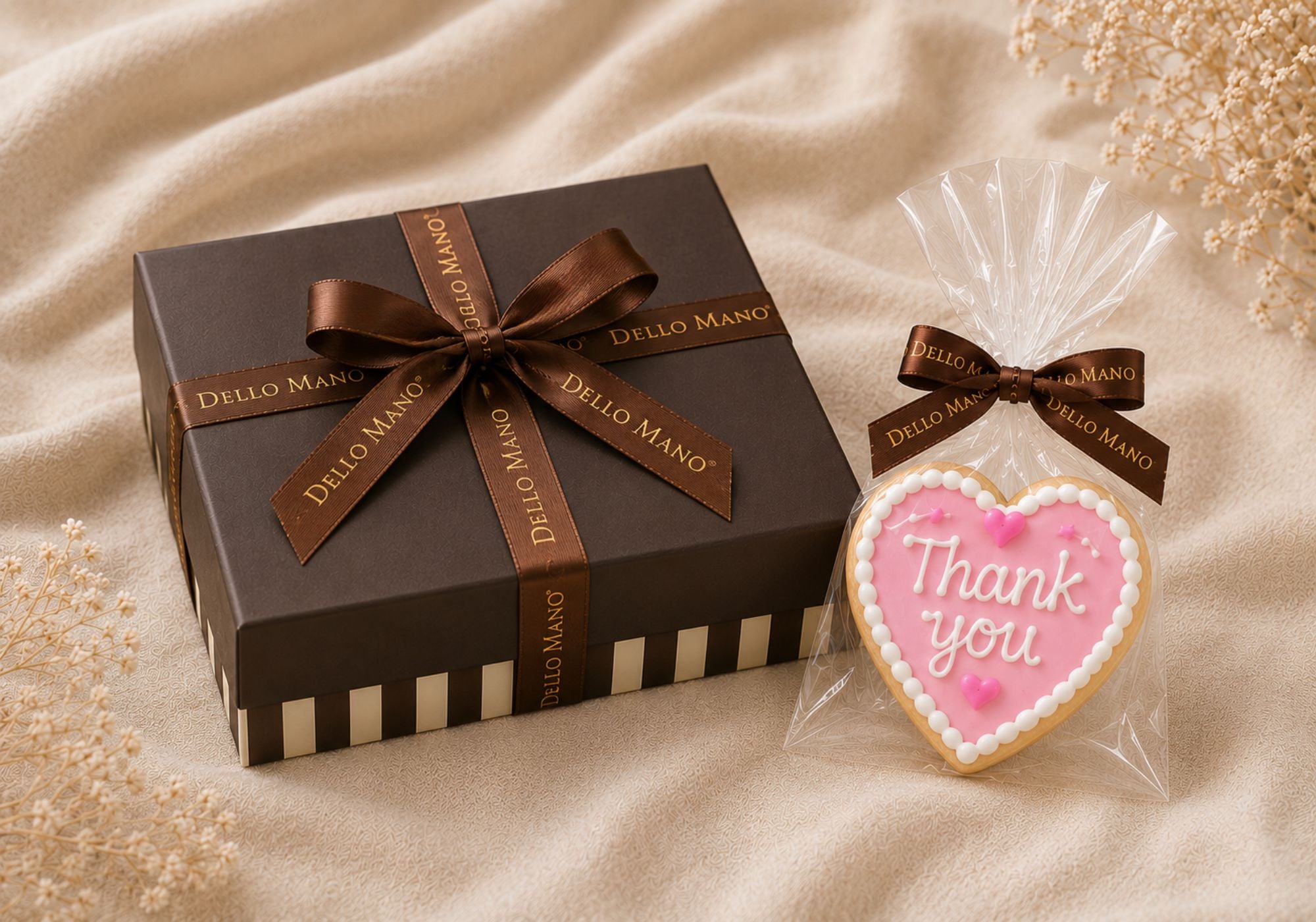 Thank you cookie gift beside Dello Mano gift box on soft neutral linen background with warm natural light and luxury handmade styling.