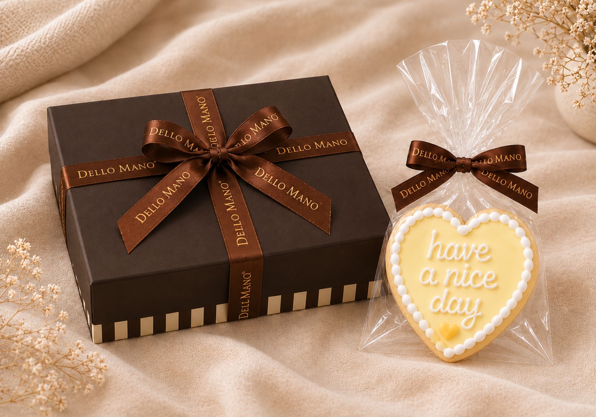 Pastel lemon “Have a Nice Day” heart-shaped gift cookie wrapped in clear cello beside a Dello Mano brownie gift box on a soft neutral linen background.
