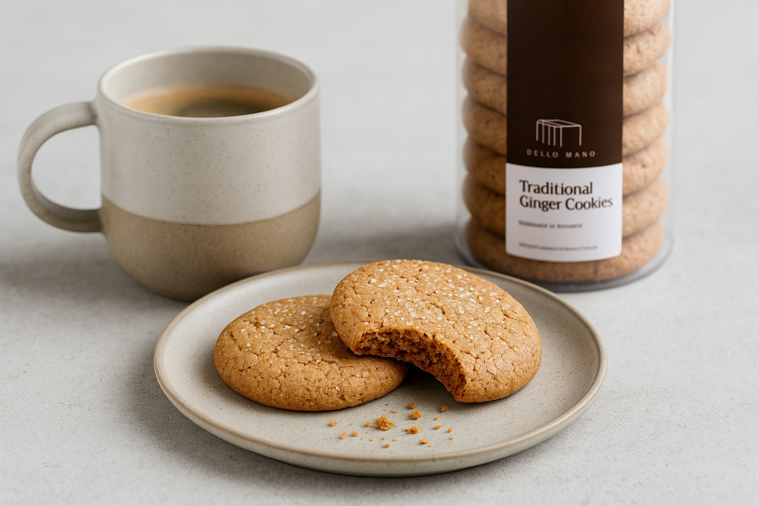 Handmade Dello Mano Traditional Ginger Cookies, served on a modern ceramic plate with a cup of coffee. One cookie has a bite taken out and crumbs scattered, with the cookie pack in the background.