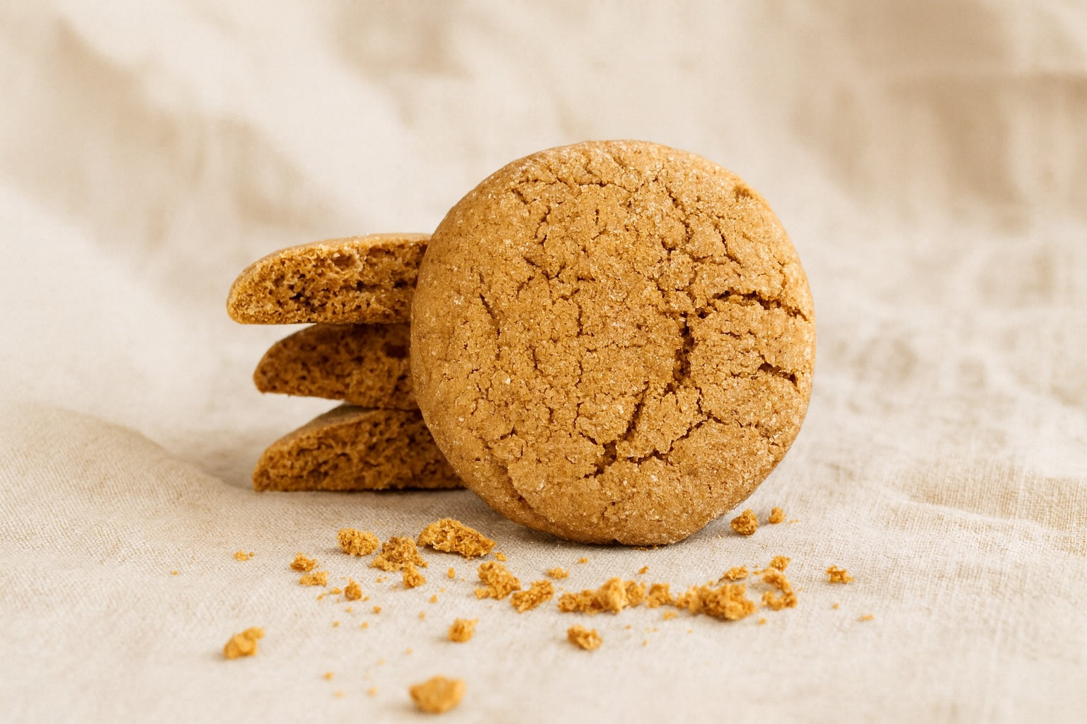 Handmade Dello Mano Traditional Ginger Nut Cookies stacked with one leaning forward, crumbs scattered on a calm linen background.