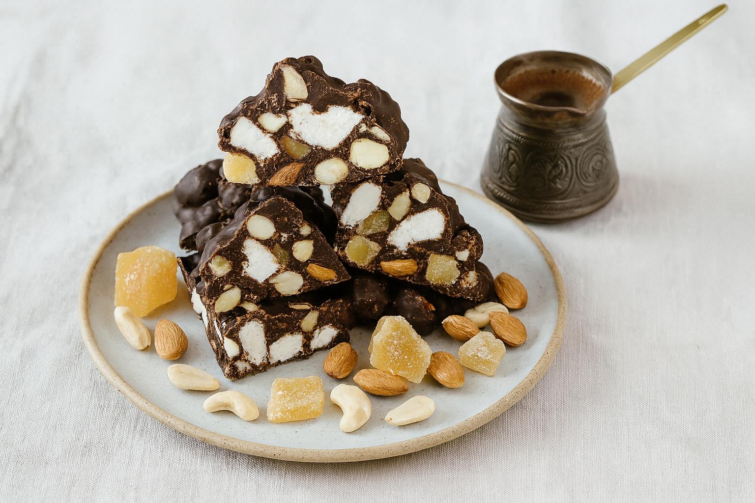 Handmade Ginger Road with chunks of marshmallow, almonds, and glace ginger pieces on a ceramic plate, served beside a Turkish coffee on linen cloth, calm white light aesthetic