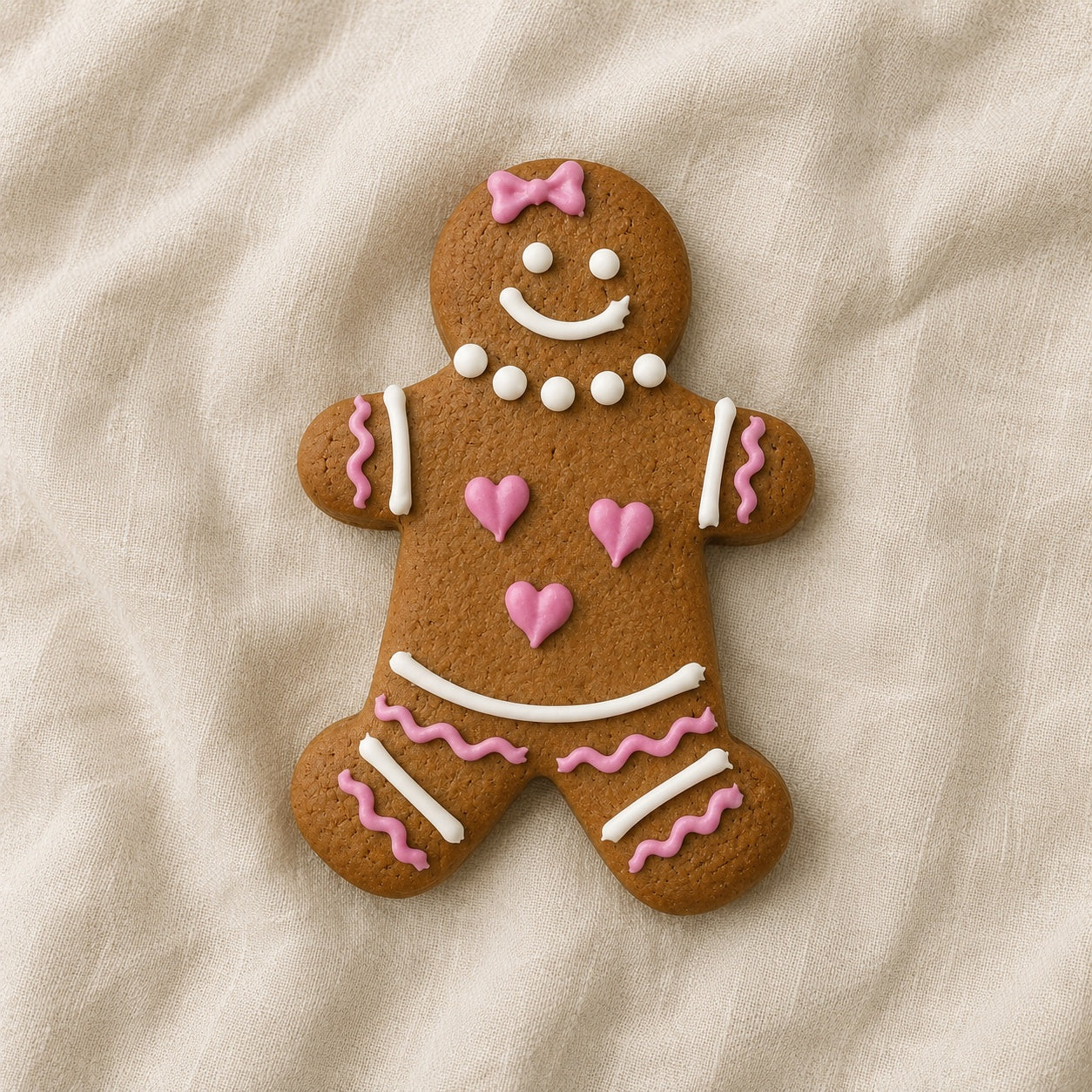 Handmade gingerbread person cookie decorated with pink and white royal icing, photographed on soft cream linen fabric. The cookie features a pink bow, heart-shaped buttons, piped icing details and a smiling face, styled in a calm neutral setting with delicate dried flowers for a premium handmade gifting aesthetic.