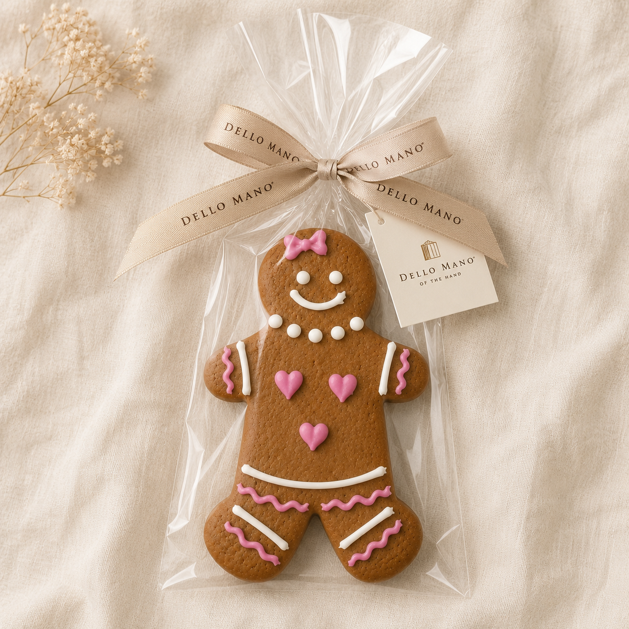 Handmade gingerbread person cookie individually wrapped in a clear cello bag and finished with a cream Dello Mano ribbon and gift tag. Decorated with pink and white royal icing details including heart buttons and a bow, the biscuit is styled on soft neutral linen with delicate dried flowers, creating an elegant handmade gift presentation.