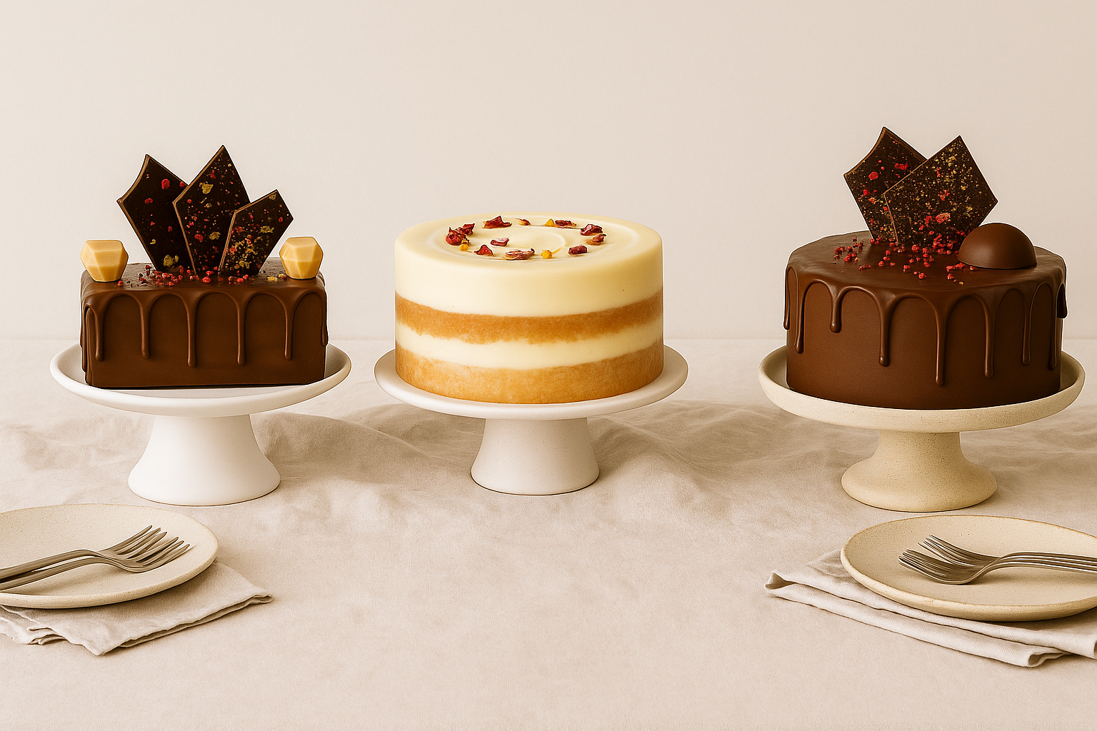 Three Gluten-Friendly cakes on white stands with a neutral background