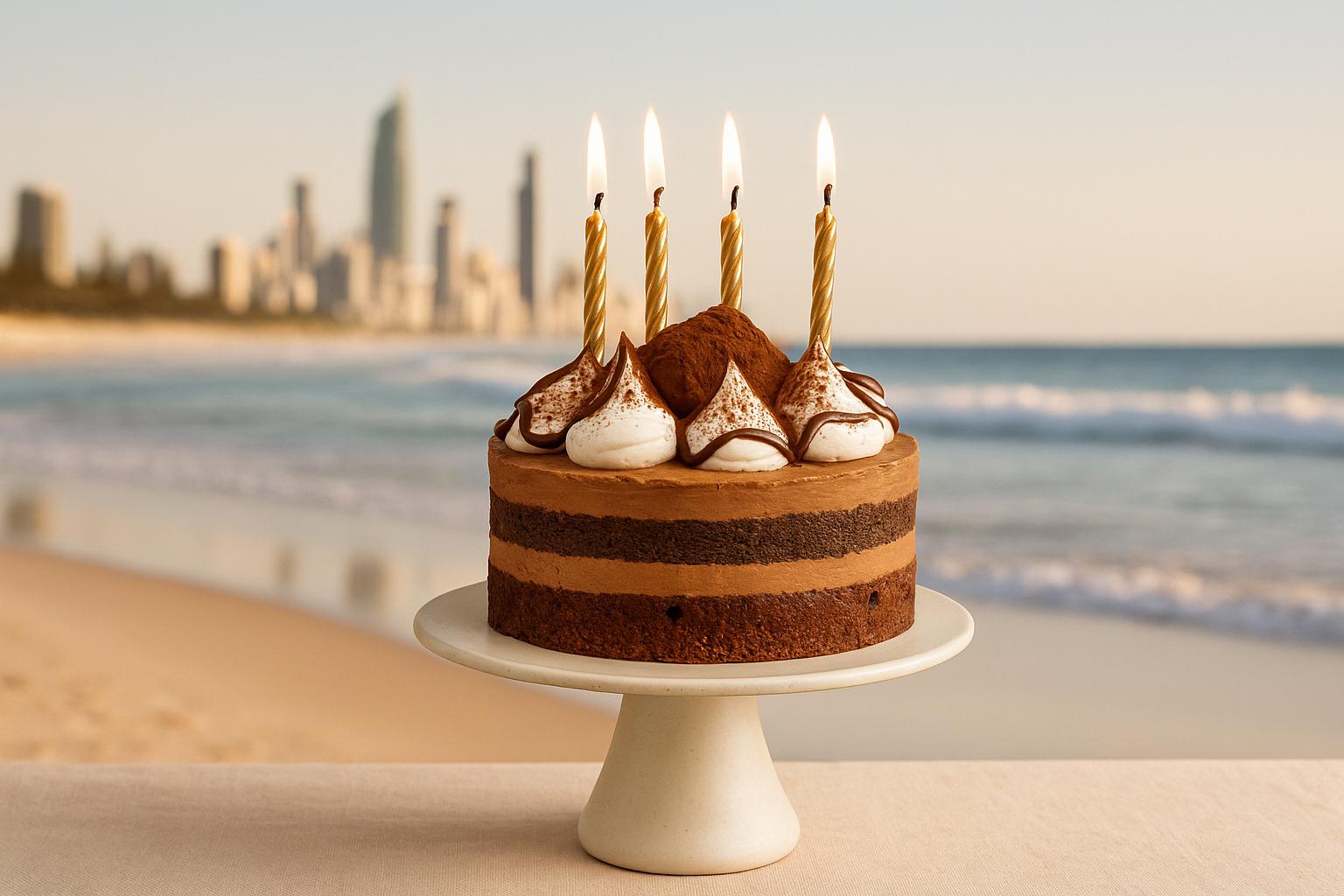 Handmade Dello Mano chocolate celebration cake with golden candles on a cake stand, set against the Gold Coast beach and skyline at sunset