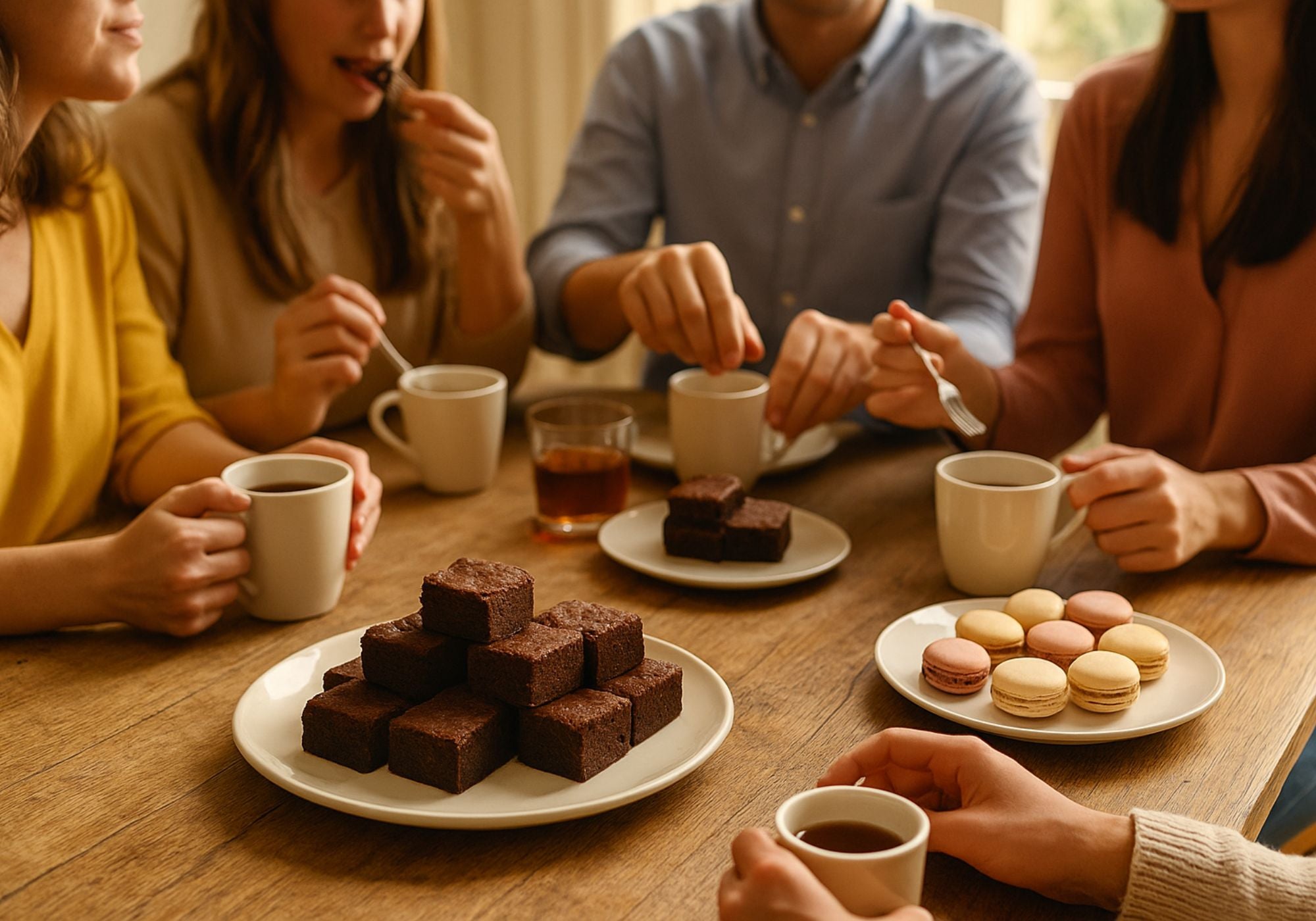 Group of people enjoying a sweet celebration with coffee at a table