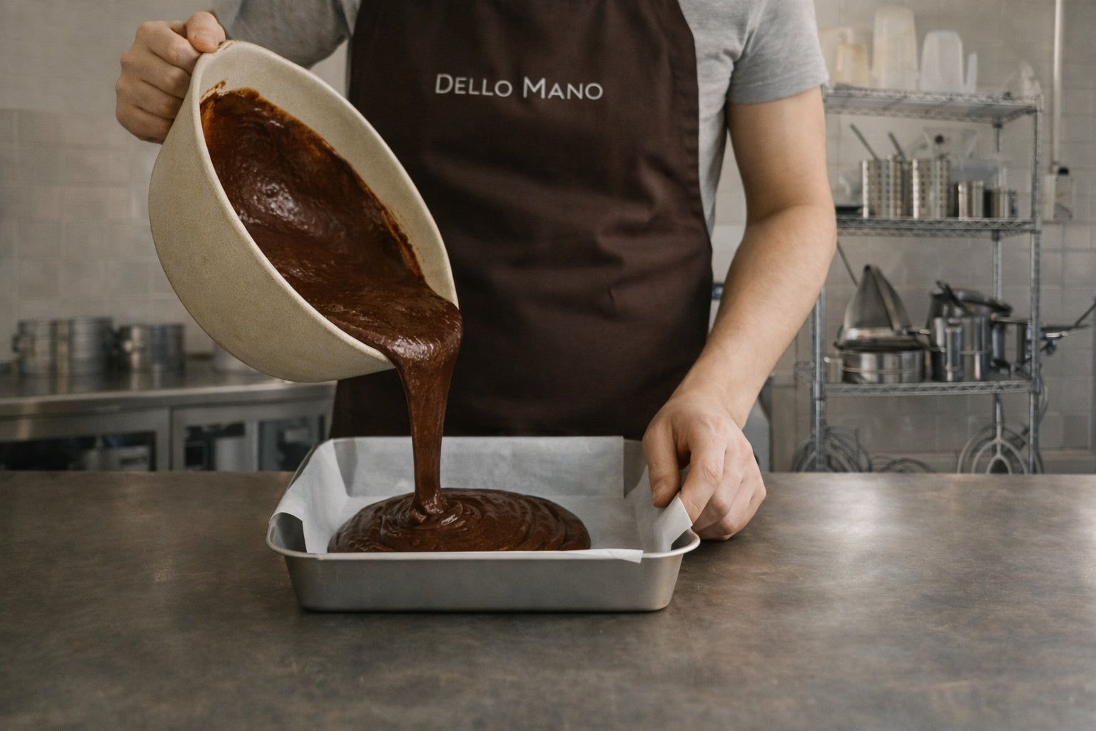 Pouring chocolate brownie batter into a baking tray in a commercial kitchen with shelves and equipment showing handmade brownie preparation