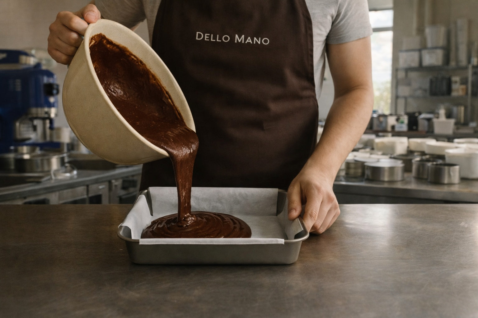 Handmade brownie batter being poured into a tray in a commercial kitchen, showing small batch baking process