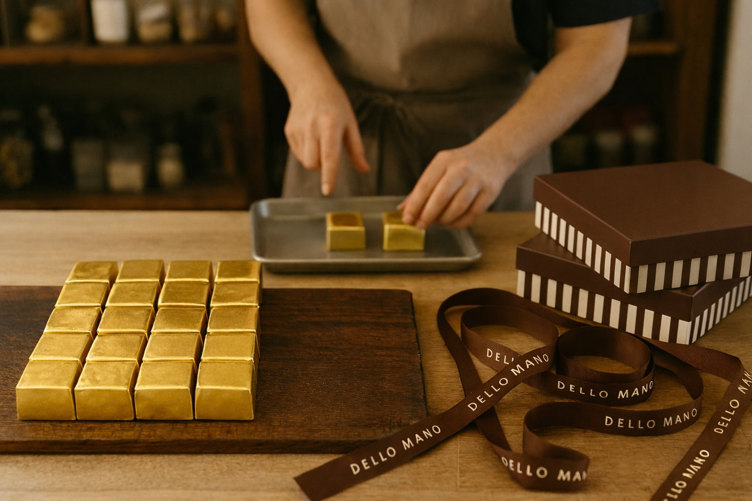 Handmade brownie gifts Australia – gold-wrapped brownies being prepared by hand in a small batch kitchen setting