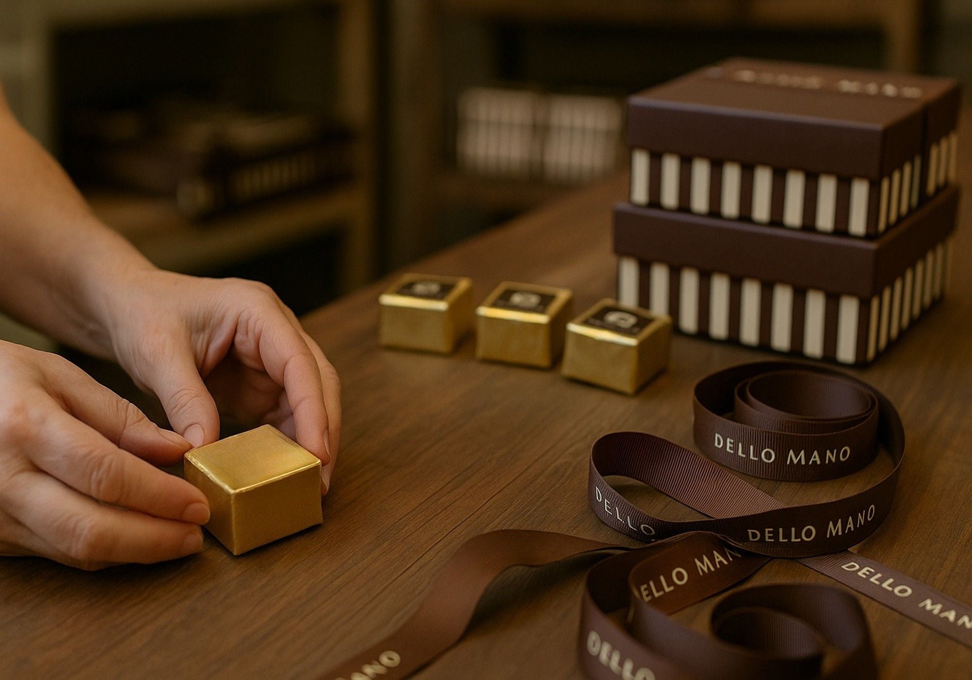 Hand placing handmade brownie gift into box with Dello Mano ribbon, showing small batch packing and thoughtful preparation for gifting
