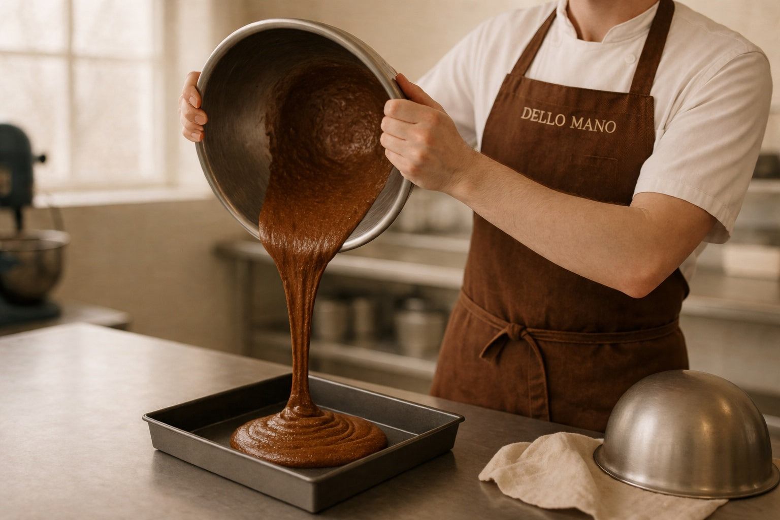 Handmade chocolate brownie batter being poured into a tray in a small batch kitchen using Belgian chocolate