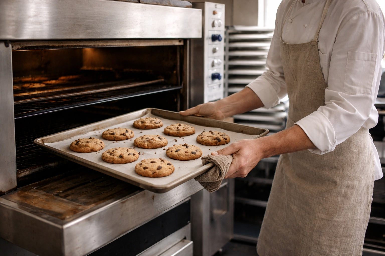 Handmade cookies being removed from the oven in a Brisbane kitchen