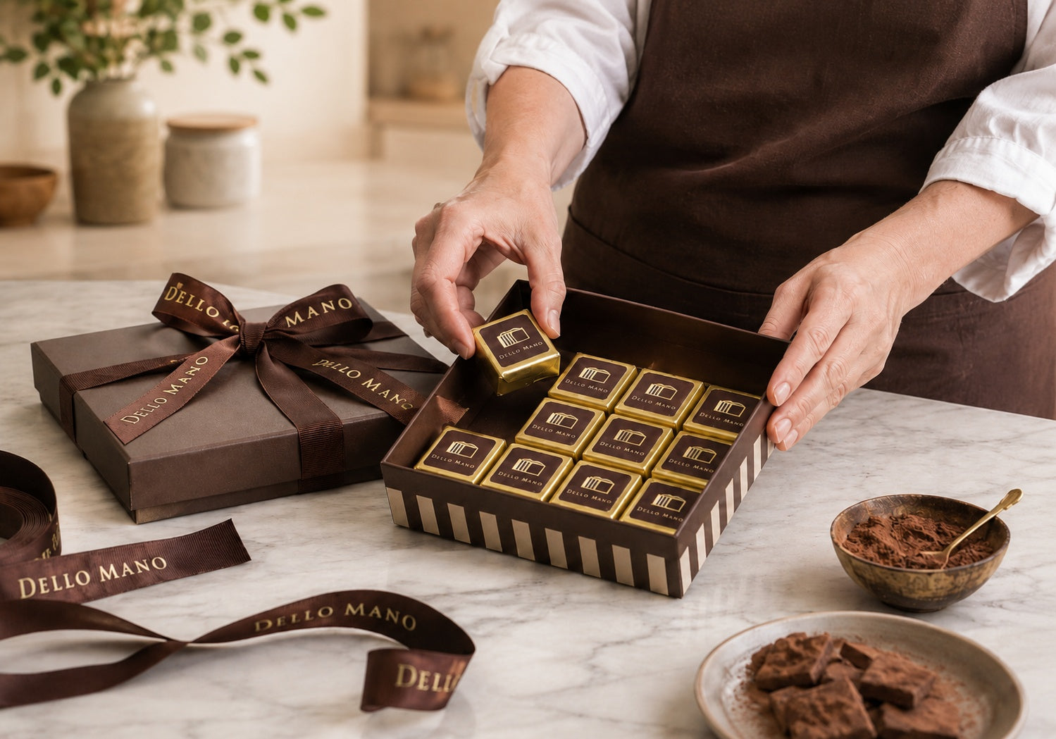 Hands packing individually wrapped Dello Mano brownies into a striped gift box in our Brisbane kitchen.