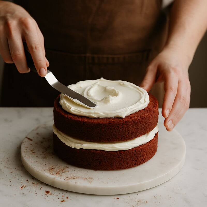 Hands assembling a handmade red velvet cake with cream cheese on a marble bench