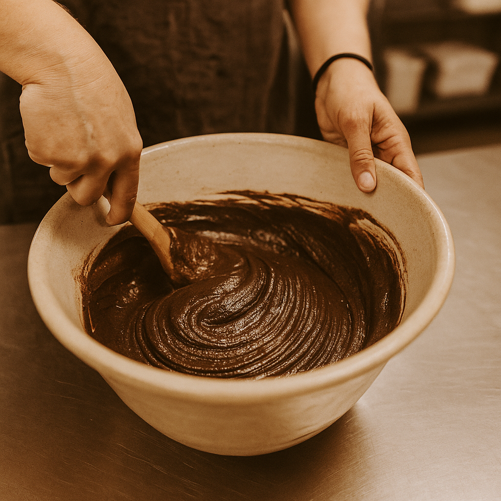 Hands mixing brownie batter in a cram ceramic bowl on a stainless steel bench