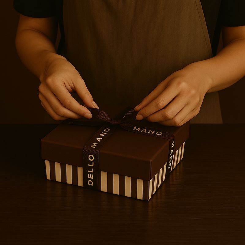 Person tying a ribbon on a Dello Mano box with a warm brown filter.