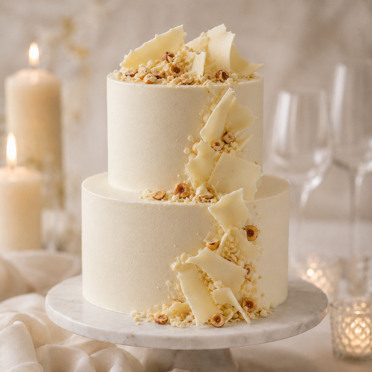 Two-tier ivory wedding cake with white chocolate shards, toasted hazelnuts and soft cream finish, styled on a candlelit wedding table.