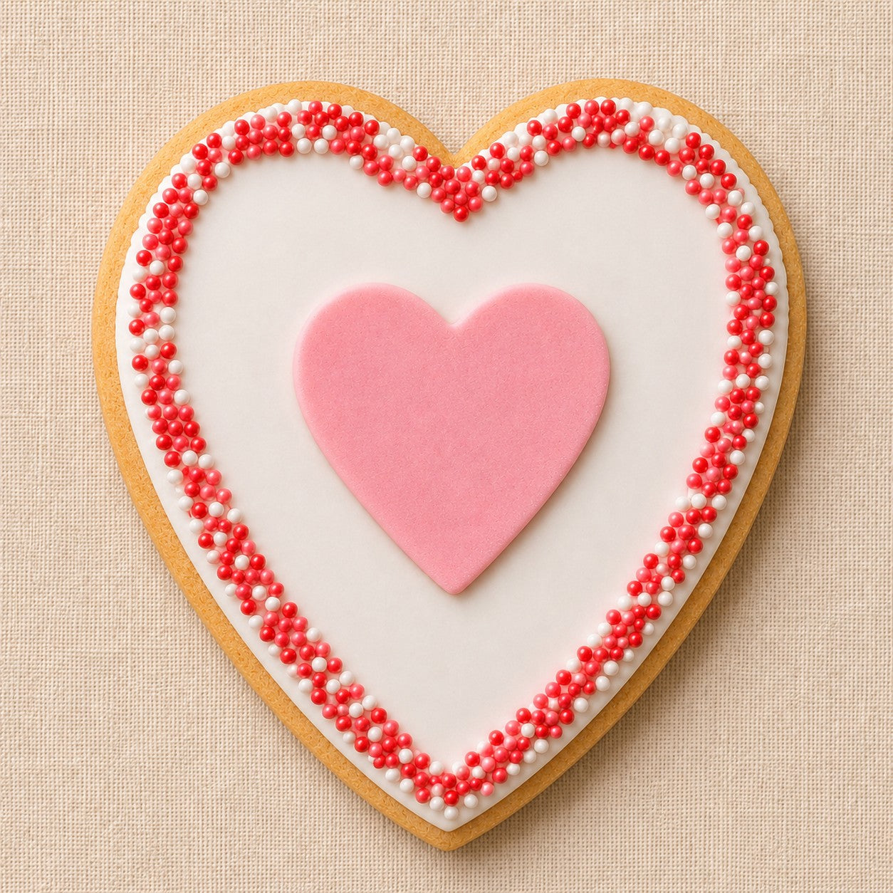 Classic Heart Cookie by Dello Mano featuring handmade vanilla butter cookie decorated with white icing, pink heart detail and red sugar pearls, suitable for gifting, wedding favours and special occasions.