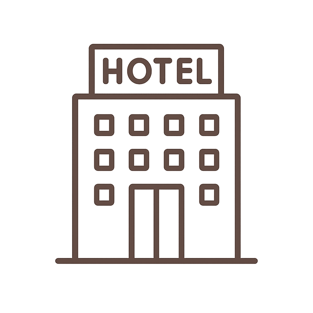Dark brown line icon of a hotel building with windows, doors, and the word “HOTEL” on top, designed on a transparent background
