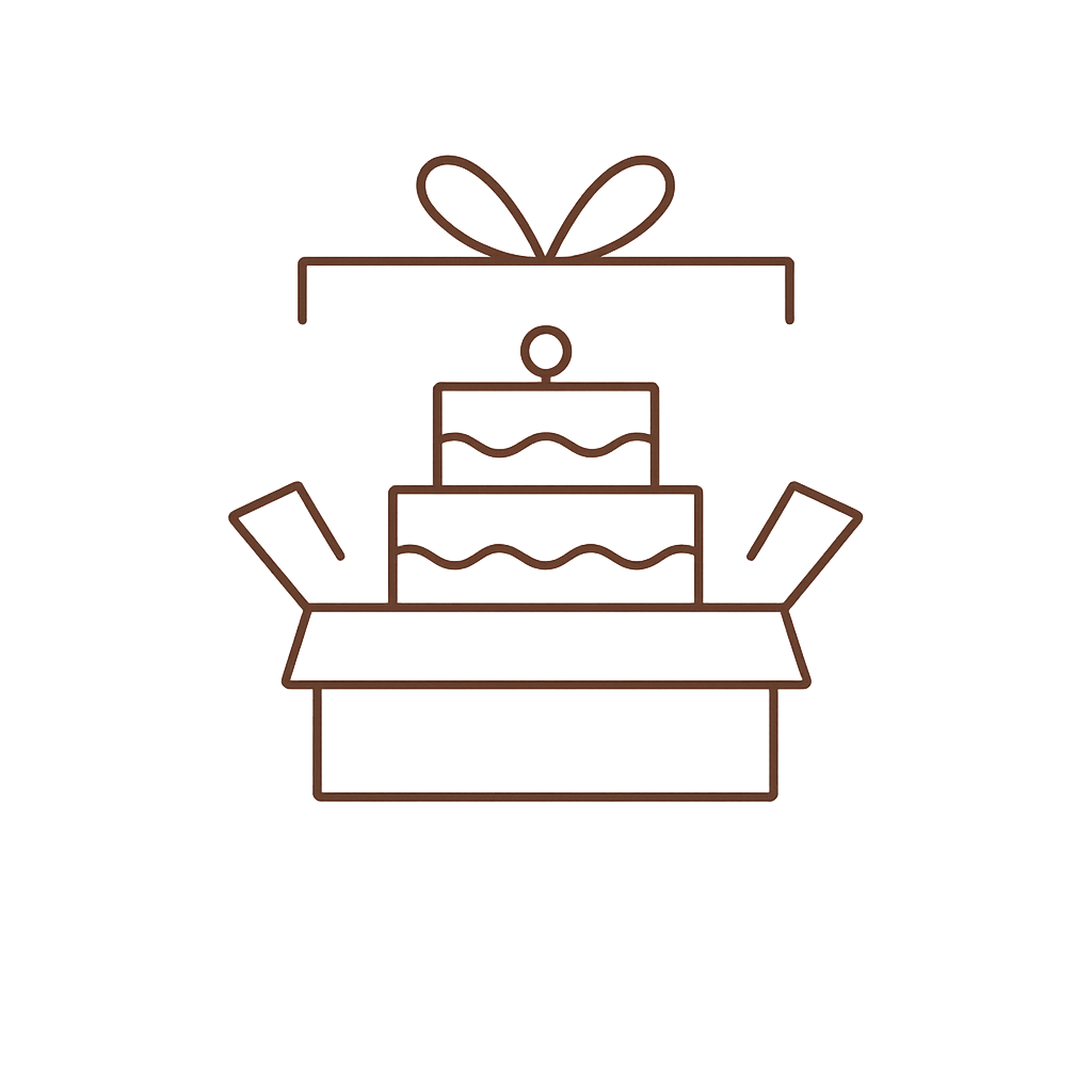 Icon of a cake in an open box with a ribbon on a transparent background