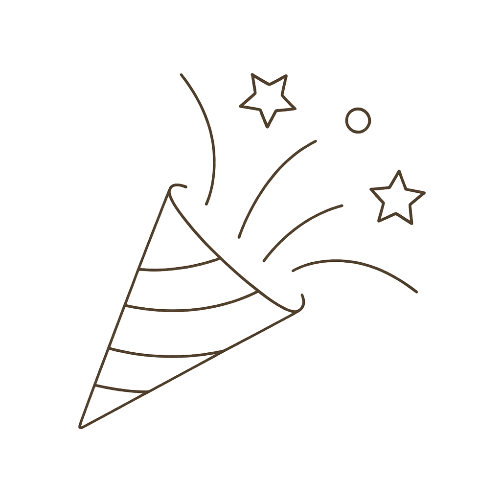A celebration icon in brown fine lines on a tranparent background