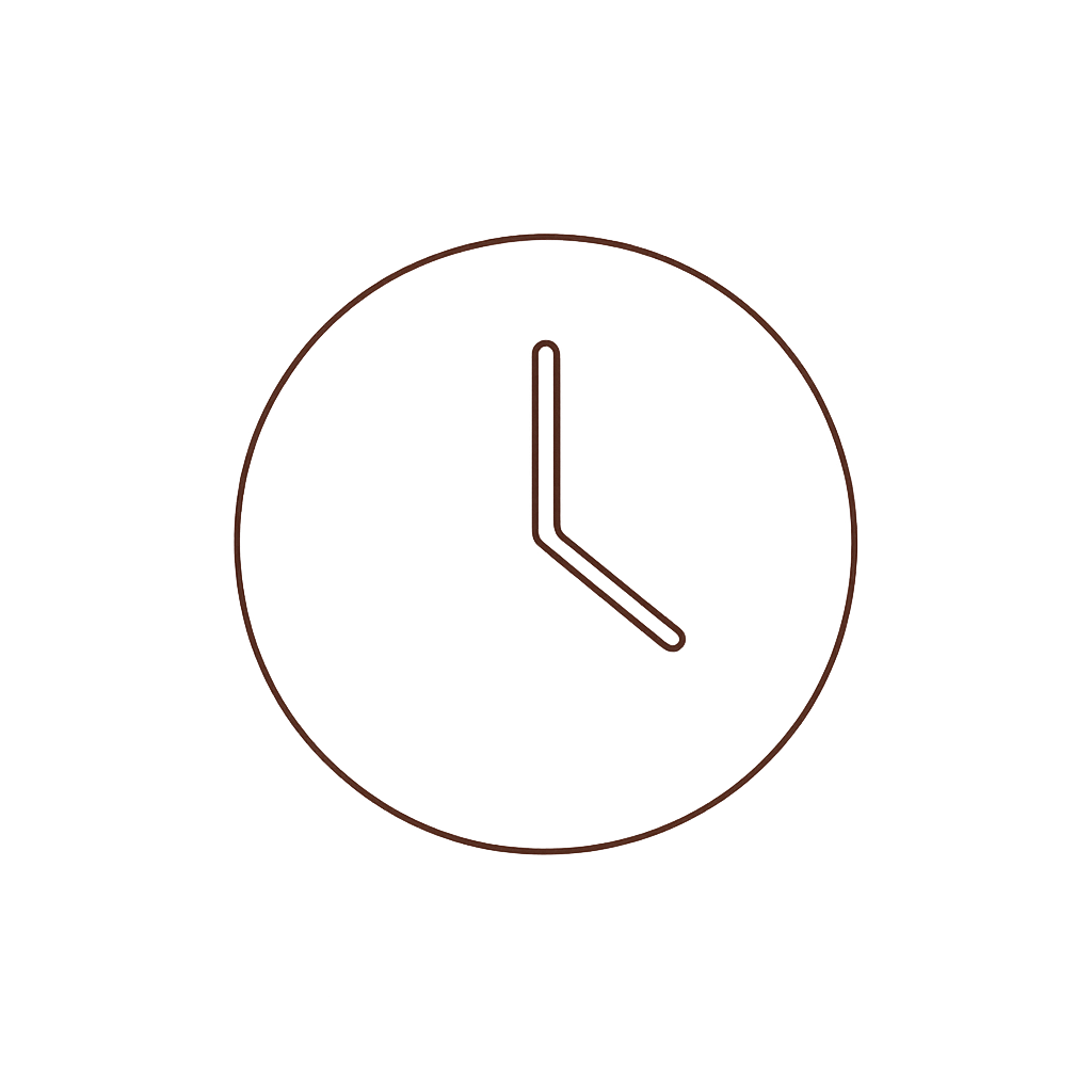 Simple clock icon with a brown outline on a transparent background