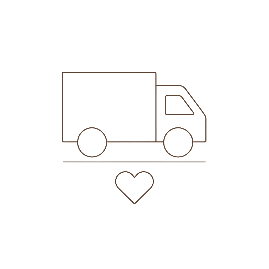 Simple line drawing of a delivery van icon with a heart below on a transparent background