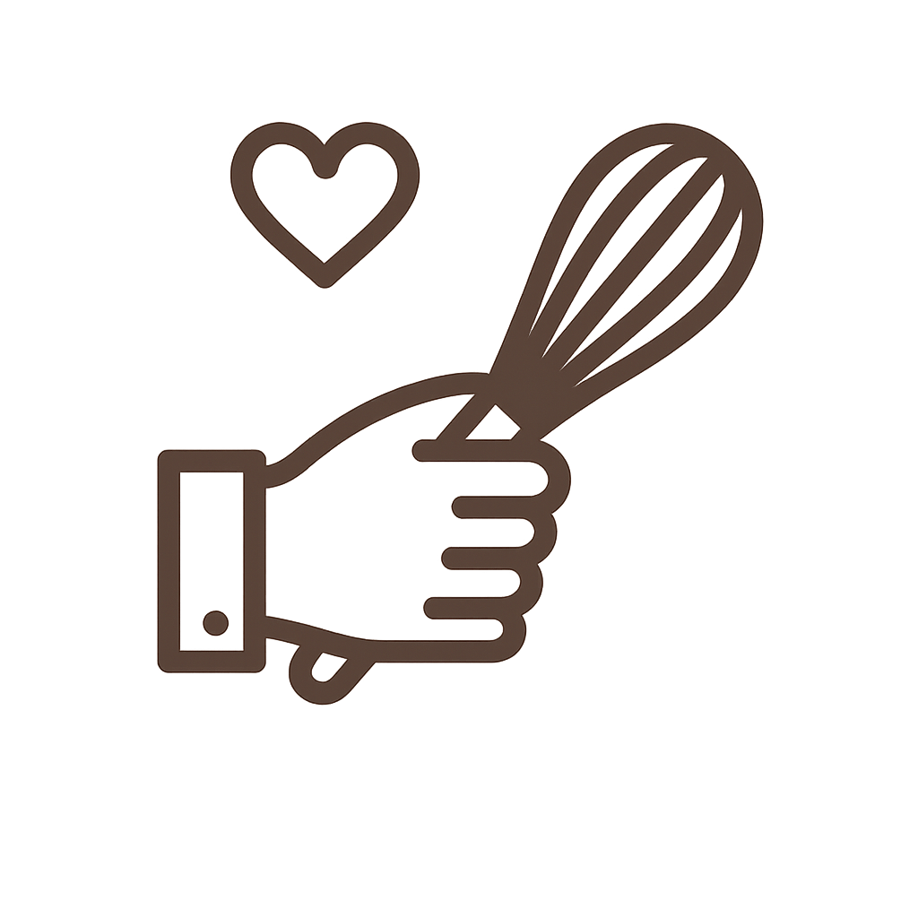Icon of a hand holding a whisk with a heart above it on a transparent background