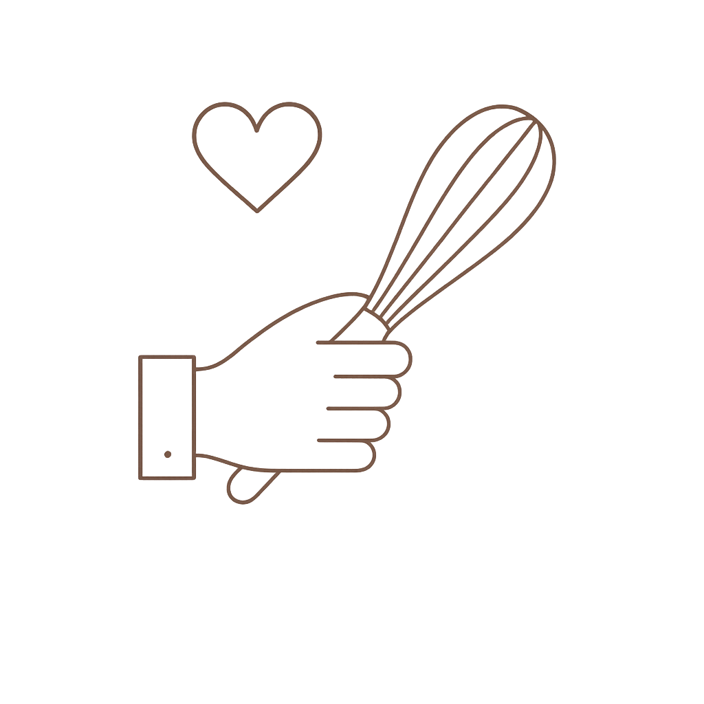 Line drawing icon of a hand holding a whisk with a heart above it on a white background