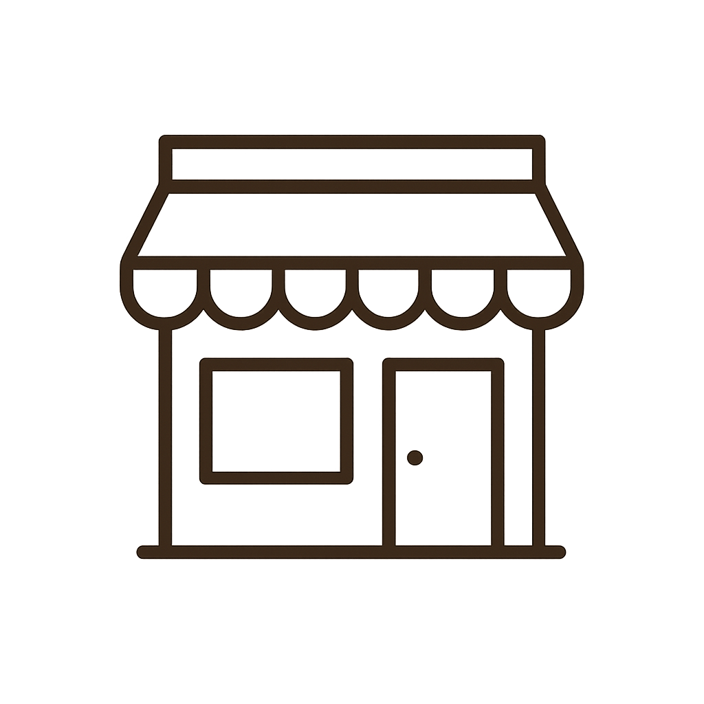 Line drawing of a store front with an awning on a transparent background and representing visit the store
